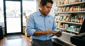 Comerciante analizando la rentabilidad de su negocio