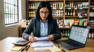 Comerciante revisando gastos y ventas de su negocio