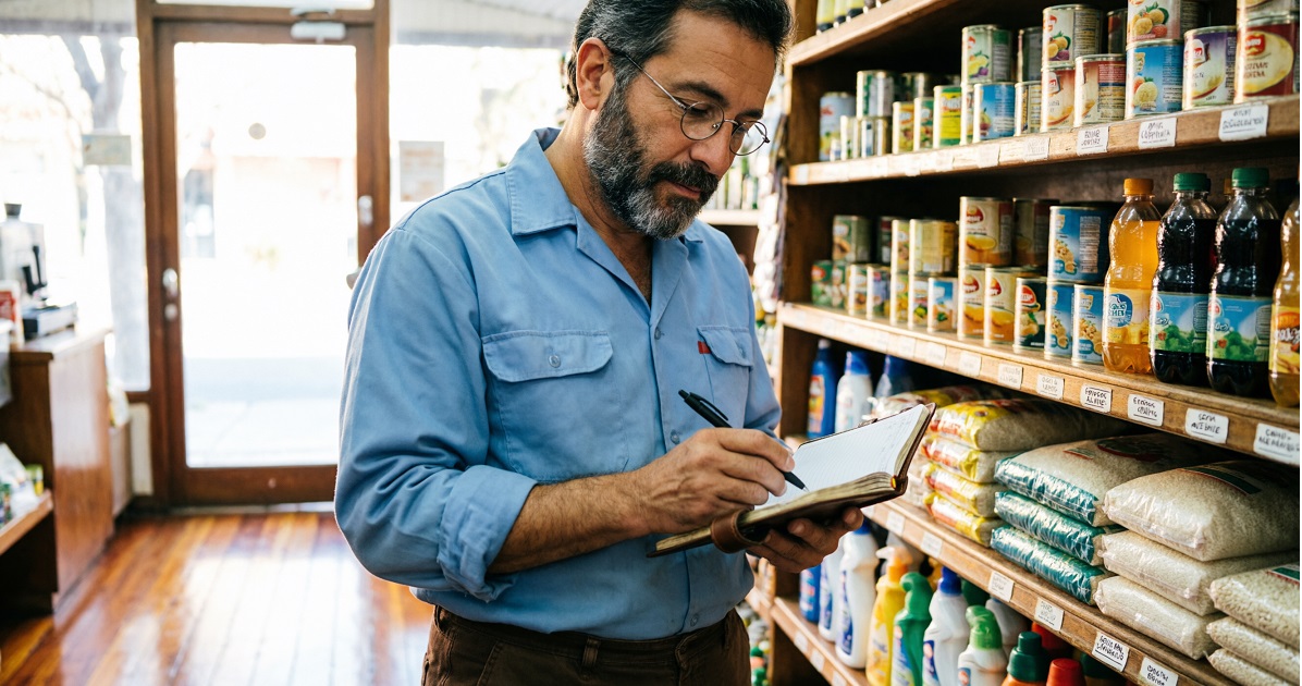 Comerciante realizando un inventario de productos en su negocio