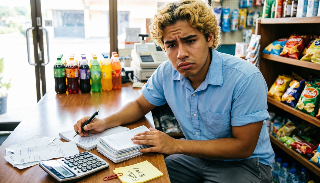 Comerciante preocupado revisando las finanzas de su negocio